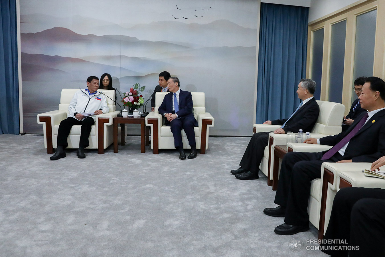 President Rodrigo Roa Duterte discusses matters with People's Republic of China Vice President Wang Qishan who paid a courtesy call on the President at the Foshan International Sports and Cultural Center in Guangdong on August 31, 2019. TOTO LOZANO/PRESIDENTIAL PHOTO