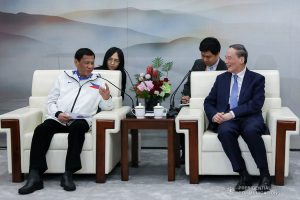 President Rodrigo Roa Duterte shares a light moment with People's Republic of China Vice President Wang Qishan who paid a courtesy call on the President at the Foshan International Sports and Cultural Center in Guangdong on August 31, 2019. TOTO LOZANO/PRESIDENTIAL PHOTO