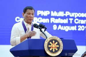 President Rodrigo Roa Duterte delivers his speech during the 118th Police Service Anniversary at Camp Brigadier General Rafael T. Crame in Quezon City on August 9, 2019. RICHARD MADELO/PRESIDENTIAL PHOTO