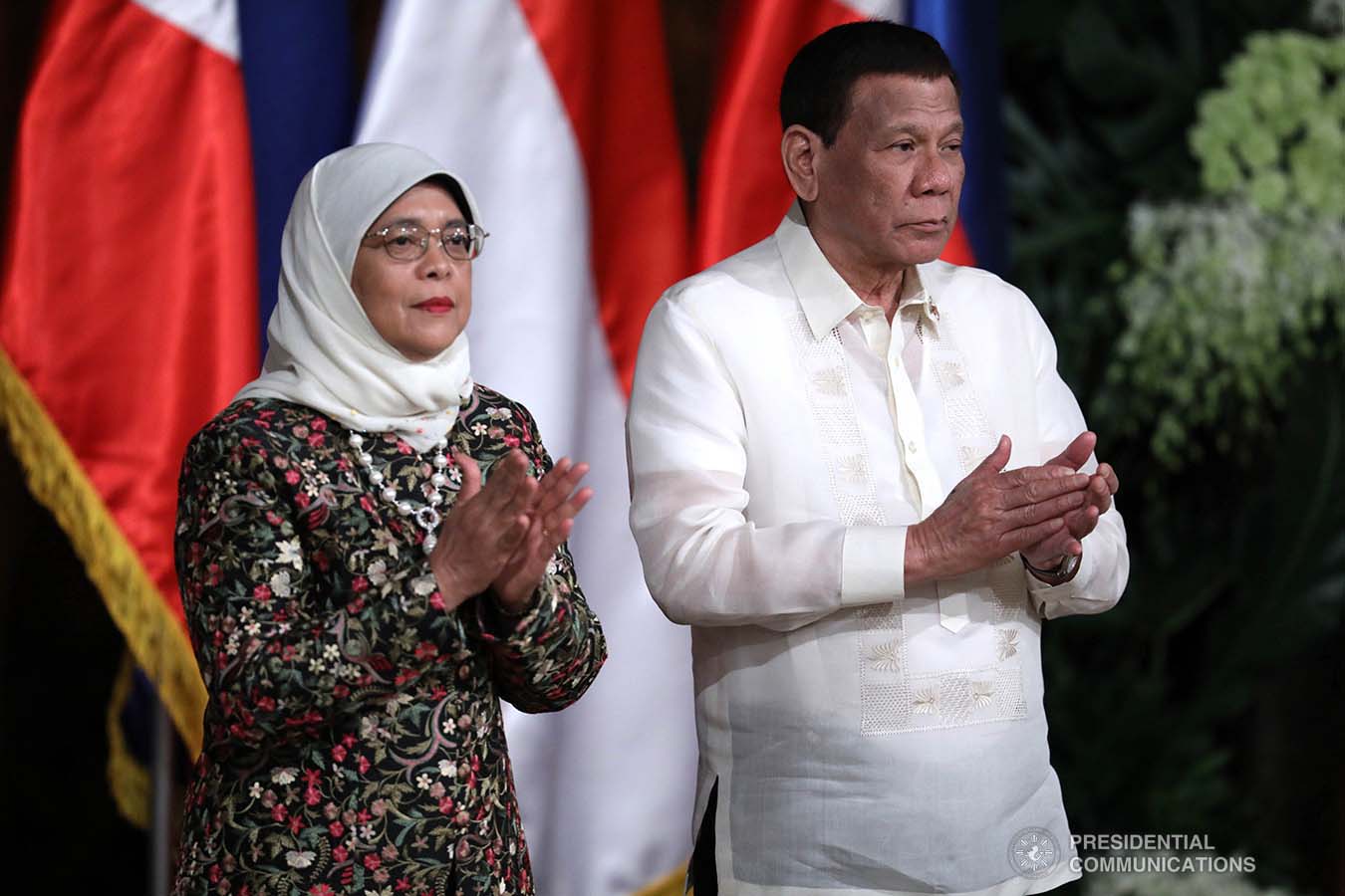 President Rodrigo Roa Duterte and Republic of Singapore President Halimah Yacob applaud following their successful bilateral meeting at the Malacañan Palace during the latter's state visit to the Philippines on September 9, 2019. ACE MORANDANTE/PRESIDENTIAL PHOTO