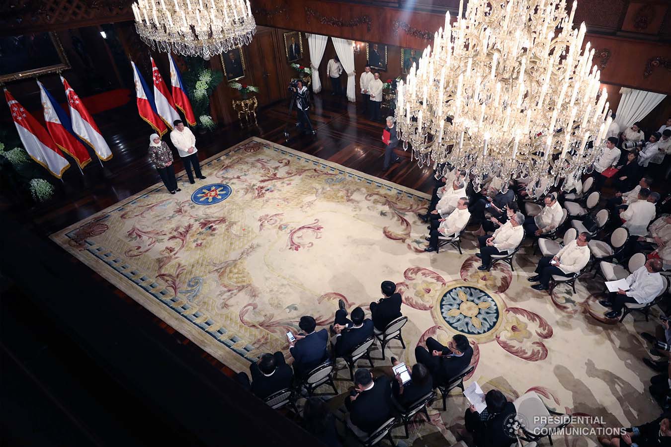 President Rodrigo Roa Duterte and Republic of Singapore President Halimah Yacob pose for posterity following their successful expanded bilateral meeting at the Malacañan Palace during the latter's state visit to the Philippines on September 9, 2019. SIMEON CELI JR./PRESIDENTIAL PHOTO