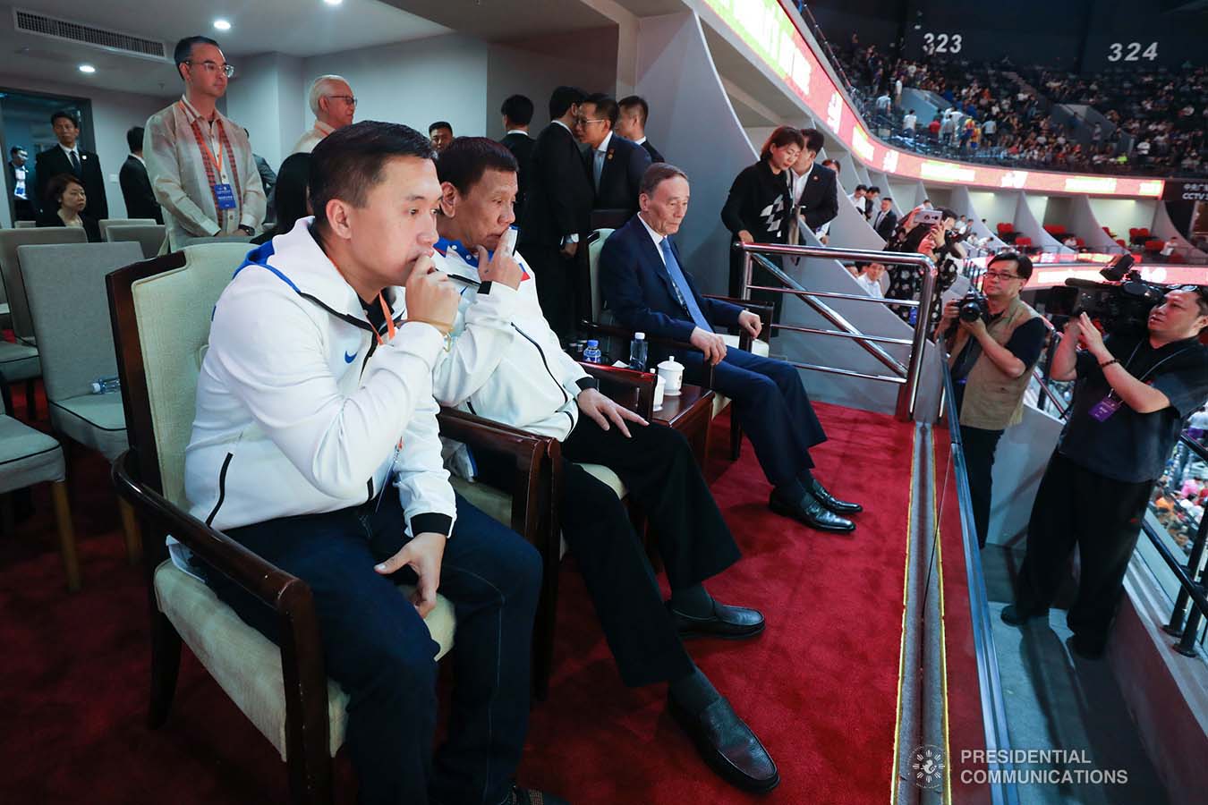 President Rodrigo Roa Duterte is accompanied by People's Republic of China Vice President Wang Qishan as he watches the basketball match of Gilas Pilipinas against Italy during the FIBA Basketball World Cup 2019 game at the Foshan International Sports and Cultural Center in Guangdong on August 31, 2019. With the President is Senator Christopher Lawrence Go. SIMEON CELI/ PRESIDENTIAL PHOTO