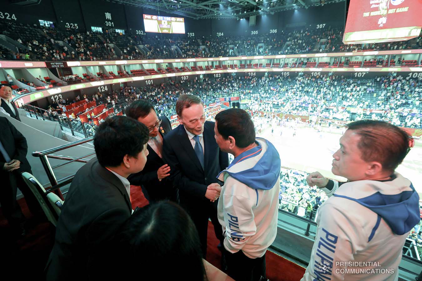 President Rodrigo Roa Duterte is given a warm welcome by People's Republic of China Vice President Wang Qishan upon his arrival at the Foshan International Sports and Cultural Center in Guangdong to watch the basketball match of Gilas Pilipinas against Italy during the FIBA Basketball World Cup 2019 game on August 31, 2019.  SIMEON CELI/ PRESIDENTIAL PHOTO