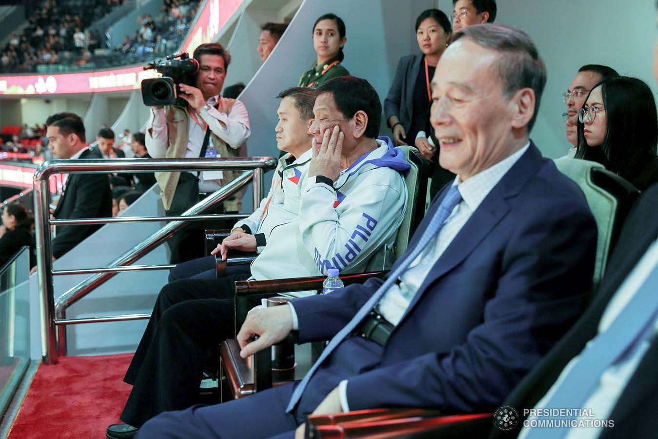 President Rodrigo Roa Duterte is accompanied by People's Republic of China Vice President Wang Qishan as he watches the basketball match of Gilas Pilipinas against Italy during the FIBA Basketball World Cup 2019 game at the Foshan International Sports and Cultural Center in Guangdong on August 31, 2019. With the President is Senator Christopher Lawrence Go. SIMEON CELI/ PRESIDENTIAL PHOTO