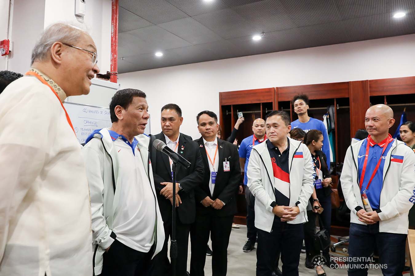 President Rodrigo Roa Duterte wishes the members of Gilas Pilipinas good luck as he visits their locker room prior to their FIBA Basketball World Cup 2019 game at the Foshan International Sports and Cultural Center in Guangdong on August 31, 2019. TOTO LOZANO/PRESIDENTIAL PHOTO