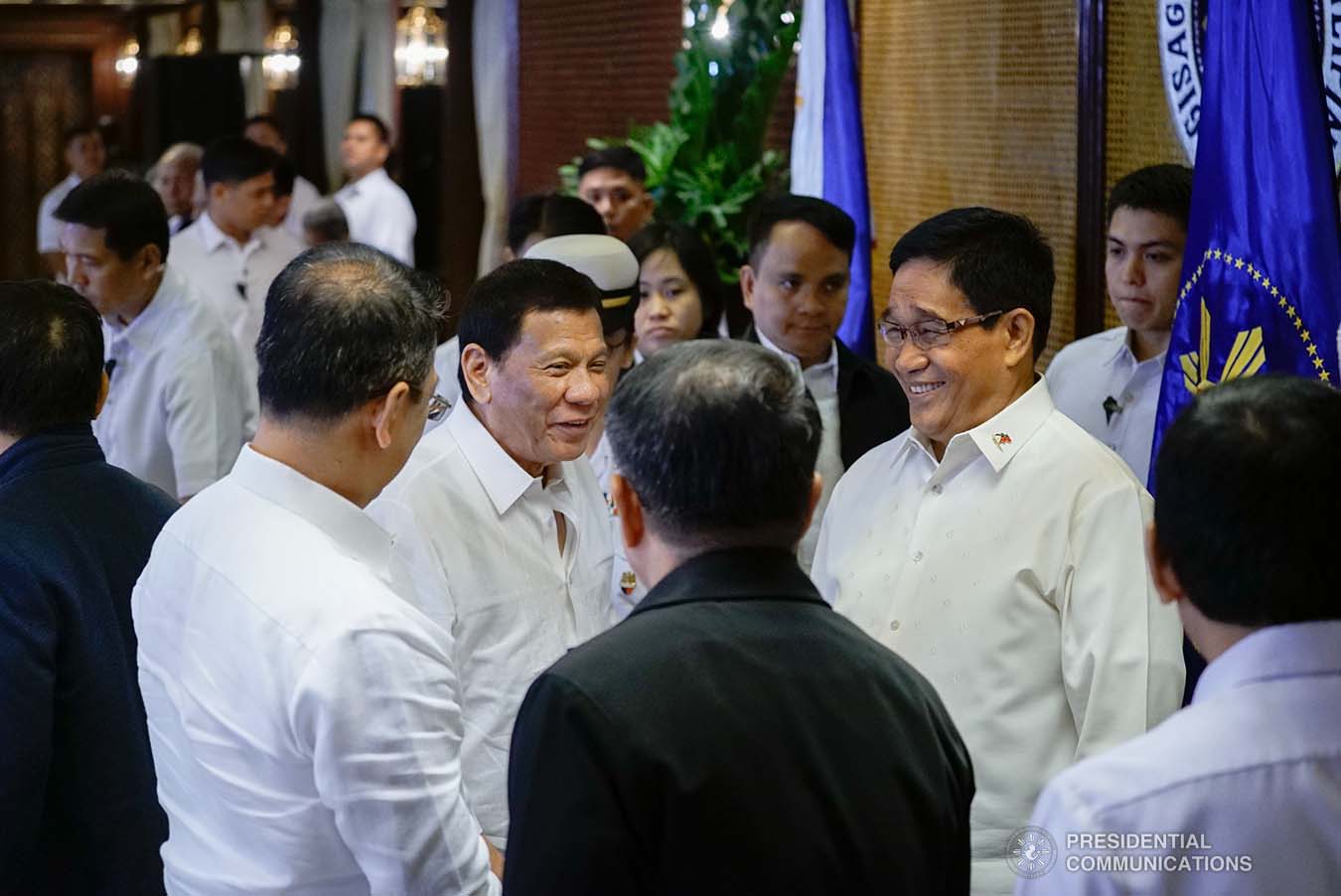 President Rodrigo Roa Duterte shares a light moment with National Security Adviser Hermogenes Esperon Jr. and some officials from the security sector during the Joint Armed Forces of the Philippines-Philippine National Police (AFP-PNP) Command Conference at the Malacañan Palace on September 5, 2019. KING RODRIGUEZ/PRESIDENTIAL PHOTO