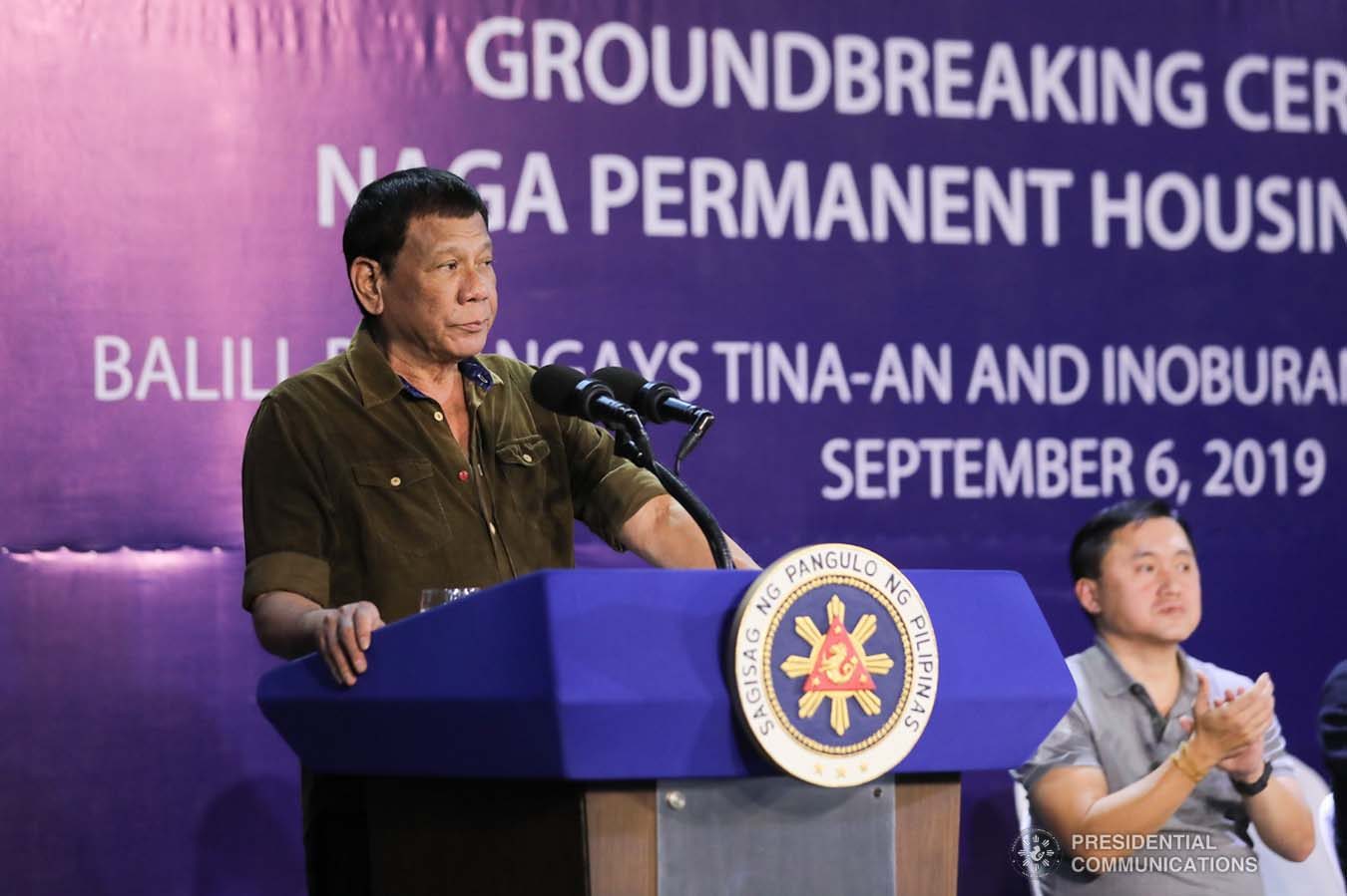 President Rodrigo Roa Duterte delivers his speech as he leads the groundbreaking ceremony and time capsule laying of the Naga Permanent Housing Project in Naga City, Cebu on September 6, 2019. ALFRED FRIAS/ PRESIDENTIAL PHOTO
