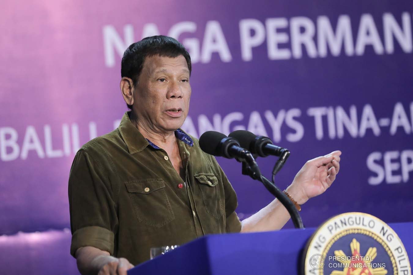 President Rodrigo Roa Duterte delivers his speech as he leads the groundbreaking ceremony and time capsule laying of the Naga Permanent Housing Project in Naga City, Cebu on September 6, 2019. ALFRED FRIAS/ PRESIDENTIAL PHOTO