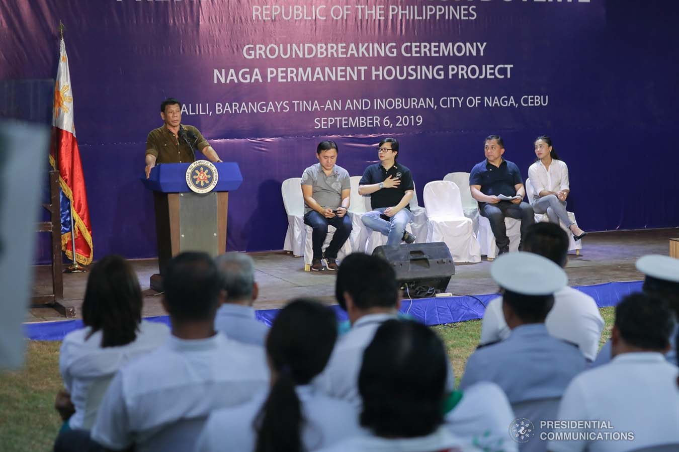 President Rodrigo Roa Duterte delivers his speech as he leads the groundbreaking ceremony and time capsule laying of the Naga Permanent Housing Project in Naga City, Cebu on September 6, 2019. ALFRED FRIAS/ PRESIDENTIAL PHOTO