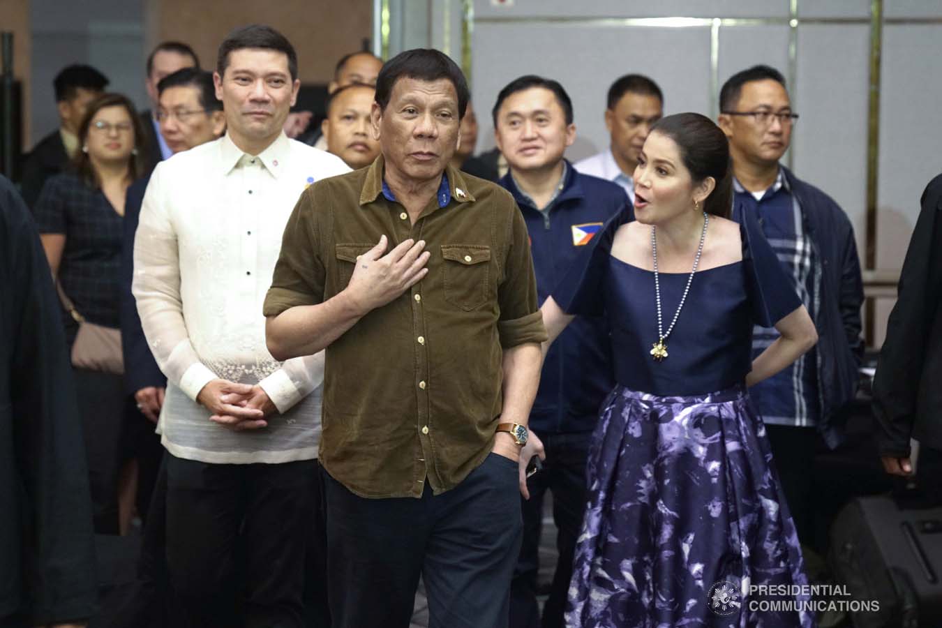 President Rodrigo Roa Duterte is accompanied by Torre Lorenzo Development Corporation (TLDC) CEO Tomas Lorenzo and Tourism Secretary Bernadette Romulo-Puyat upon his arrival at the Dusit D2 Davao Hotel for its inauguration in Davao City on September 6, 2019. ARMAN BAYLON/PRESIDENTIAL PHOTO