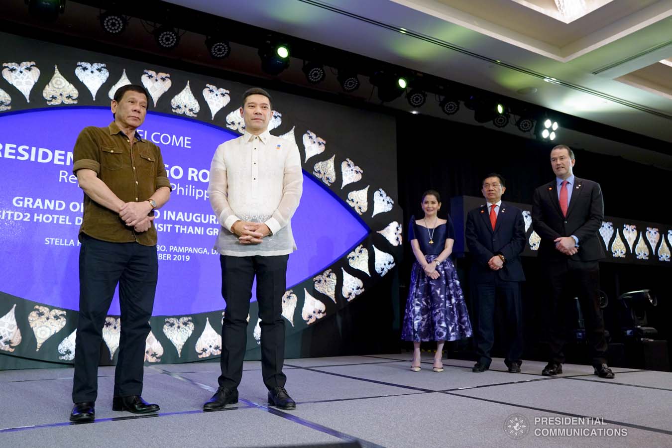 President Rodrigo Roa Duterte and Torre Lorenzo Development Corporation (TLDC) CEO Tomas Lorenzo pose for posterity during the inauguration of the Dusit D2 Davao Hotel in Davao City on September 6, 2019. JOEY DALUMPINES/PRESIDENTIAL PHOTO