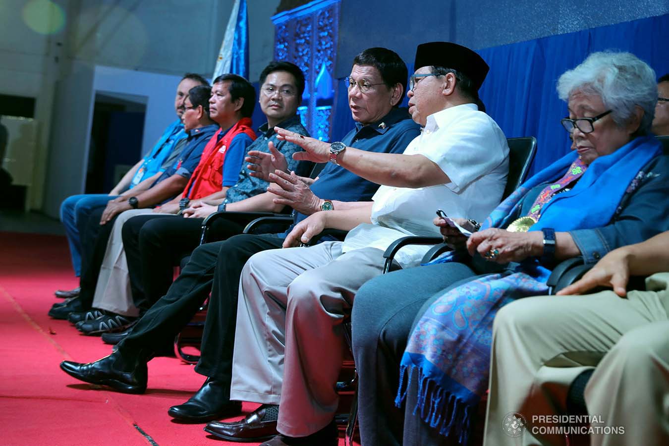 President Rodrigo Roa Duterte chats with Bangsamoro Autonomous Region in Muslim Mindanao (BARMM) Interim Chief Minister Al Haj Murad Ebrahim during the launch of the second phase of the decommissioning of Moro Islamic Liberation Front combatants and weapons at the Old Provincial Capitol Compound in Sultan Kudarat, Maguindanao on September 7, 2019. ROBINSON NIÑAL JR./PRESIDENTIAL PHOTO