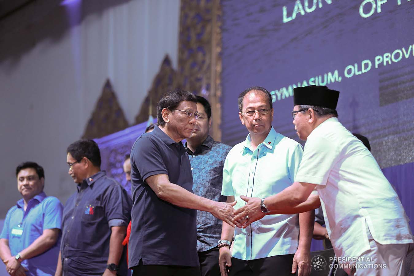 President Rodrigo Roa Duterte is greeted by Bangsamoro Autonomous Region in Muslim Mindanao (BARMM) Interim Chief Minister Al Haj Murad Ebrahim during the launch of the second phase of the decommissioning of Moro Islamic Liberation Front combatants and weapons at the Old Provincial Capitol Compound in Sultan Kudarat, Maguindanao on September 7, 2019. KARL NORMAN ALONZO/PRESIDENTIAL PHOTO
