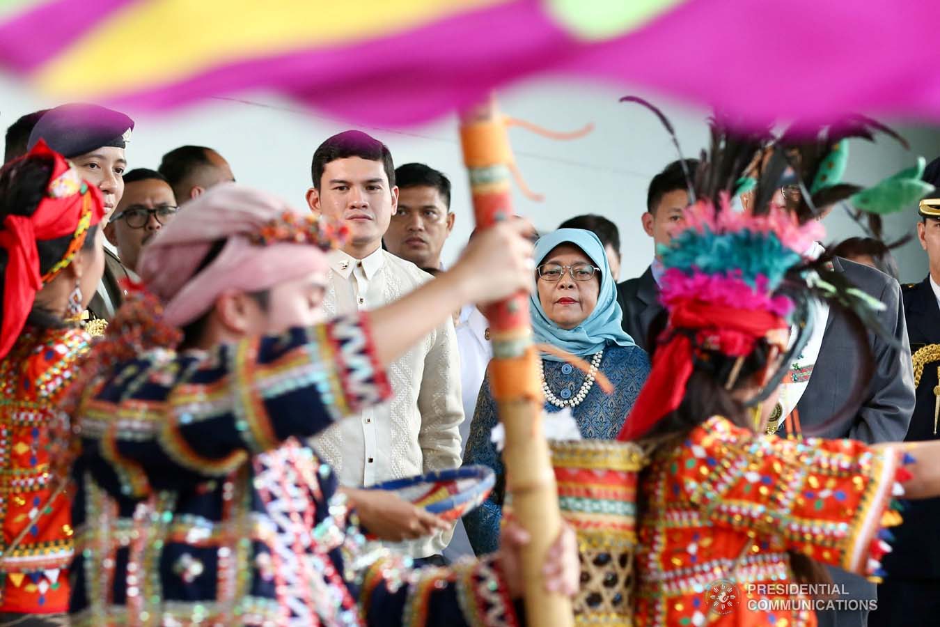 Republic of Singapore President Halimah Yacob is accompanied by Davao City Vice Mayor Sebastian Duterte as she is entertained by cultural performers upon her arrival at the Davao International Airport in Davao City on September 10, 2019. RICHARD MADELO/PRESIDENTIAL PHOTO