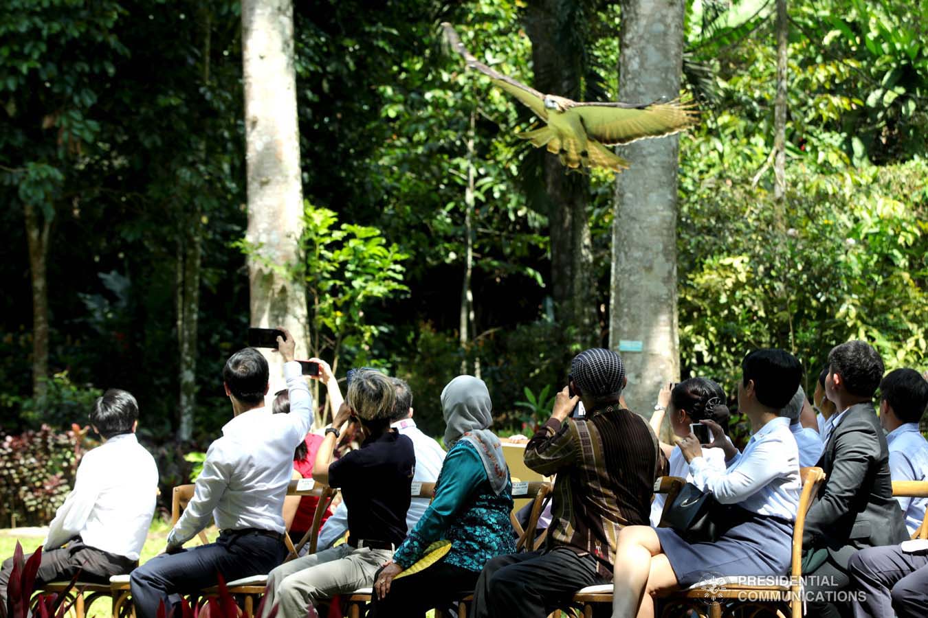 Republic of Singapore President Halimah Yacob looks on as a Philippine Eagle flies by during her visit to the Philippine Eagle Center in Davao City on September 11, 2019. ROBINSON NIÑAL JR./PRESIDENTIAL PHOTO