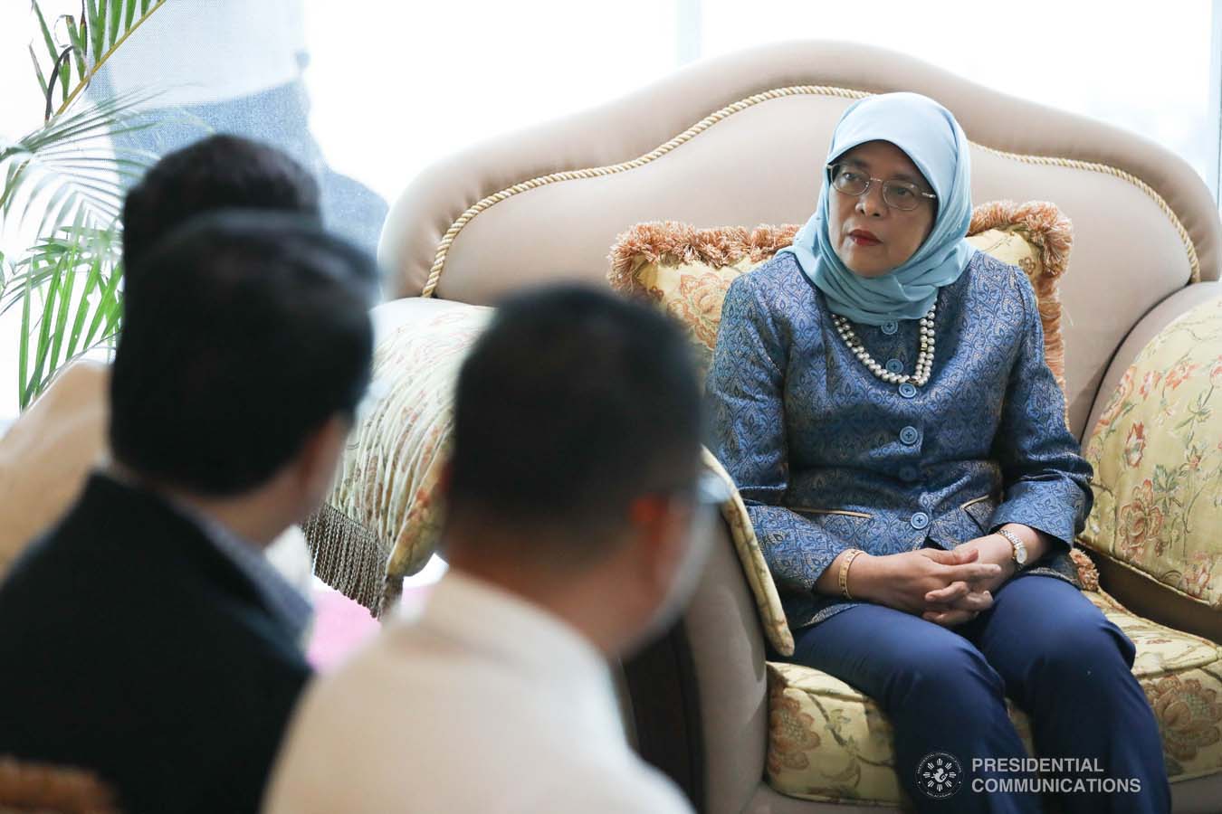 Republic of Singapore President Halimah Yacob discusses matters with Davao City Vice Mayor Sebastian Duterte during a meeting at the Davao International Airport on September 10, 2019. KARL NORMAN ALONZO/PRESIDENTIAL PHOTO