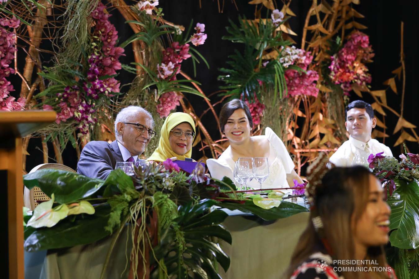 Republic of Singapore President Halimah Yacob, Davao City Mayor Sara Duterte-Carpio, and Davao City Vice Mayor Sebastian Duterte share a light moment during the dinner hosted by the Mayor at the Marco Polo Davao on September 10, 2019. KARL NORMAN ALONZO/PRESIDENTIAL PHOTO