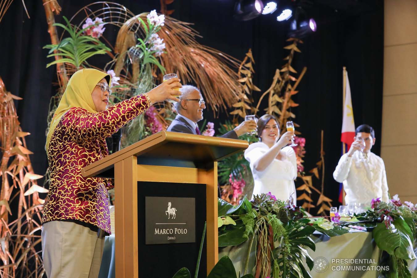 Republic of Singapore President Halimah Yacob, Davao City Mayor Sara Duterte-Carpio, and Davao City Vice Mayor Sebastian Duterte raise their glasses for a toast during the dinner hosted by the Mayor at the Marco Polo Davao on September 10, 2019. KARL NORMAN ALONZO/PRESIDENTIAL PHOTO