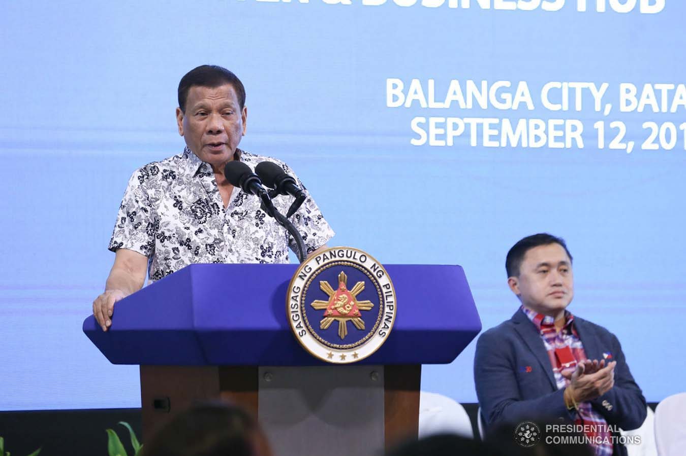 President Rodrigo Roa Duterte delivers his speech during the inauguration of the Bataan Government Center and Business Hub “The Bunker” in Balanga City, Bataan on September 12, 2019. ALBERT ALCAIN/PRESIDENTIAL PHOTO