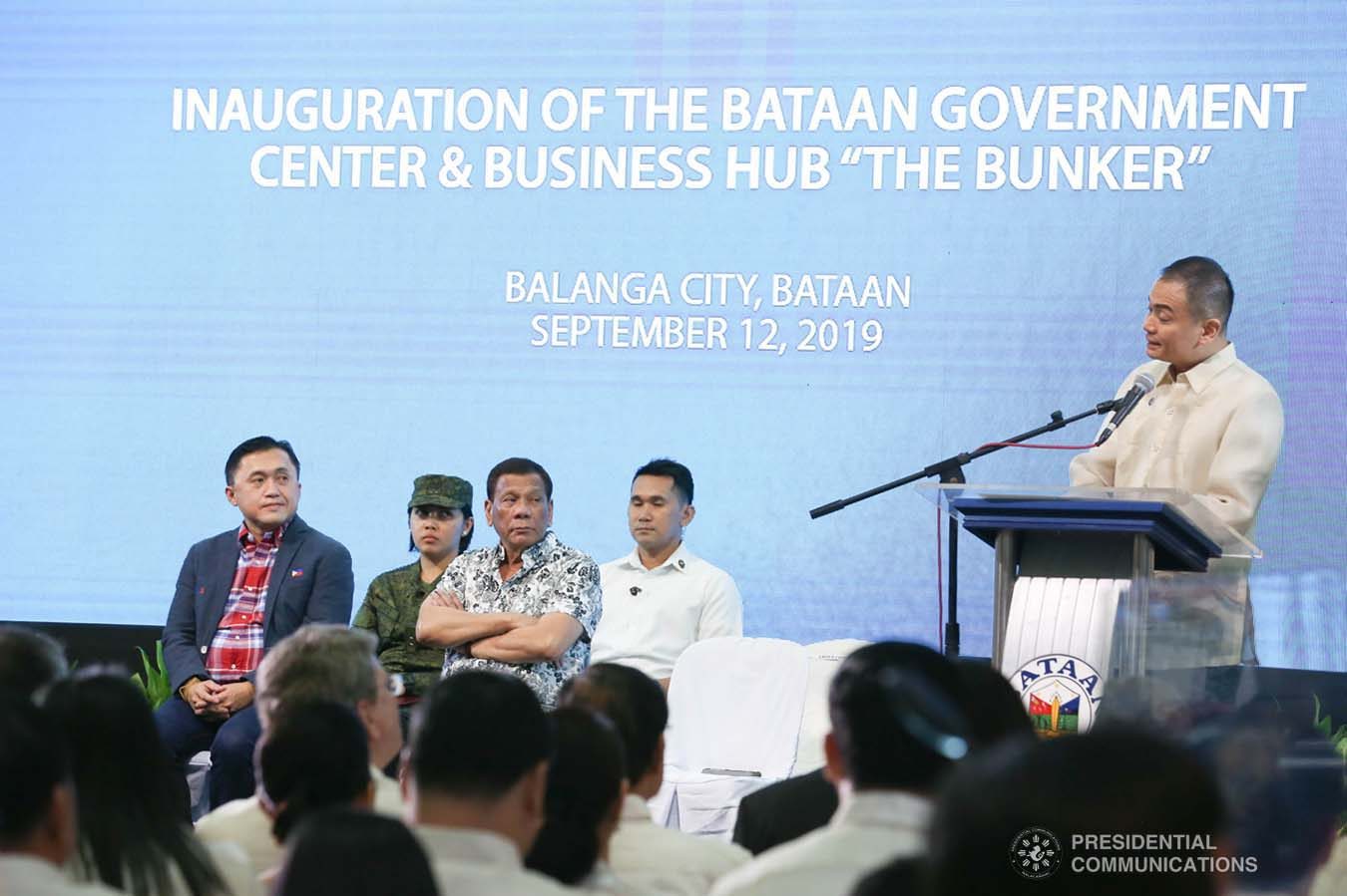 President Rodrigo Roa Duterte listens to the welcome remarks of Bataan Governor Albert Garcia during the inauguration of the Bataan Government Center and Business Hub “The Bunker” in Balanga City, Bataan on September 12, 2019. ALBERT ALCAIN/PRESIDENTIAL PHOTO
