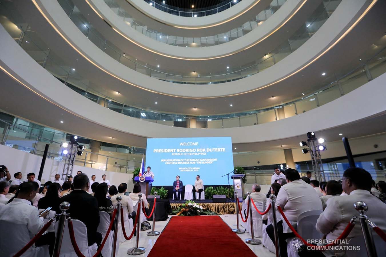 President Rodrigo Roa Duterte delivers his speech during the inauguration of the Bataan Government Center and Business Hub “The Bunker” in Balanga City, Bataan on September 12, 2019. VALERIE ESCALERA/PRESIDENTIAL PHOTO