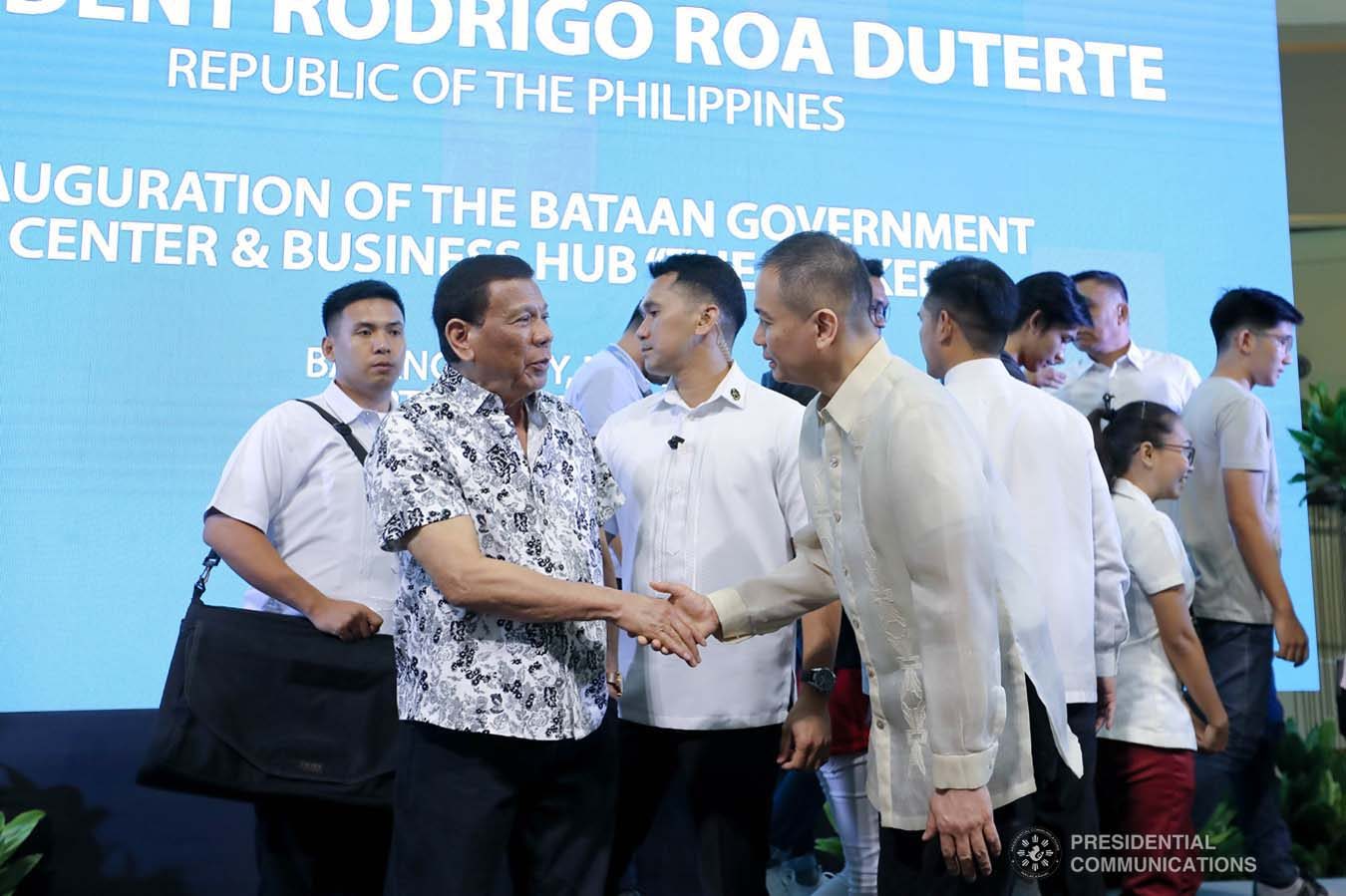 President Rodrigo Roa Duterte greets Bataan Governor Albert Garcia during the inauguration of the Bataan Government Center and Business Hub “The Bunker” in Balanga City, Bataan on September 12, 2019. VALERIE ESCALERA/PRESIDENTIAL PHOTO