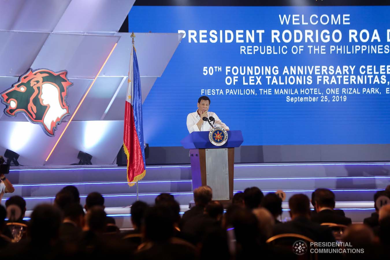 President Rodrigo Roa Duterte delivers his speech during the 50th Founding Anniversary Celebration of Lex Talionis Fraternitas Inc. at The Manila Hotel on September 25, 2019. ACE MORANDANTE/PRESIDENTIAL PHOTO