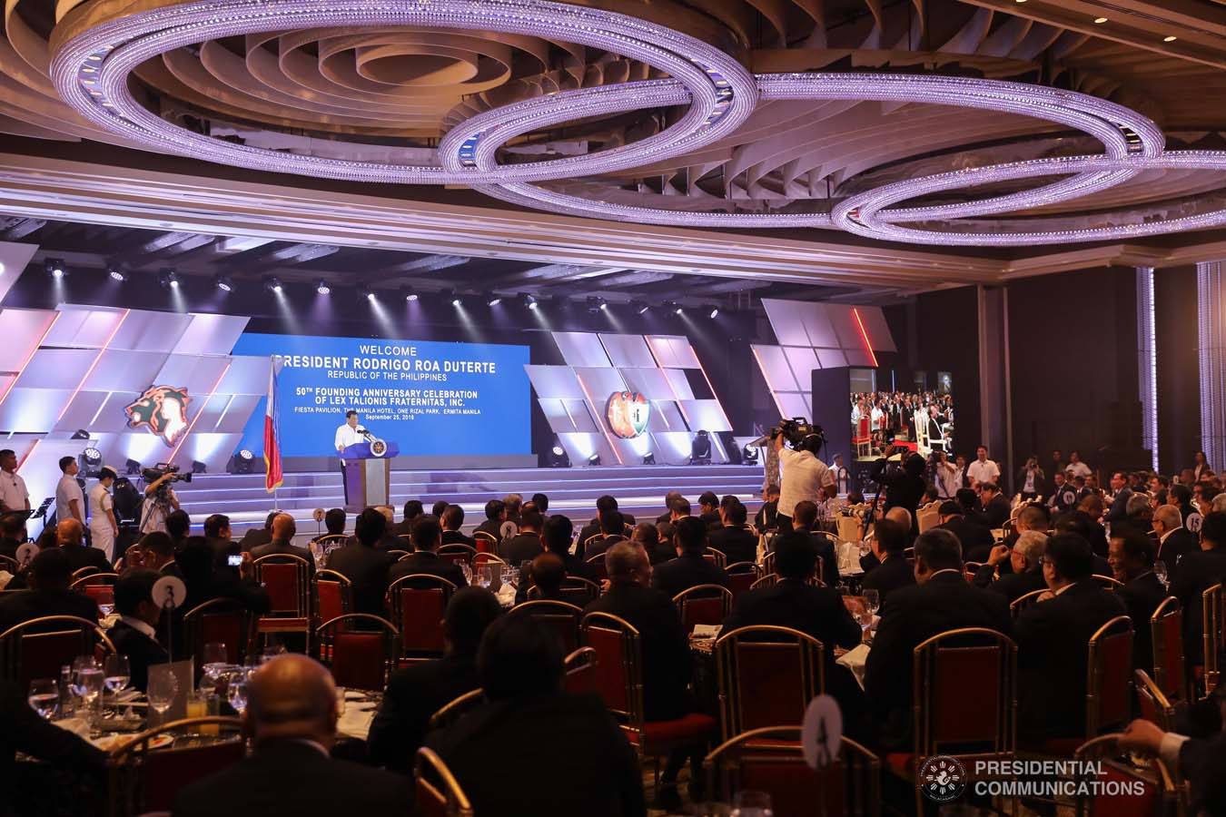 President Rodrigo Roa Duterte delivers his speech during the 50th Founding Anniversary Celebration of Lex Talionis Fraternitas Inc. at The Manila Hotel on September 25, 2019. ALFRED FRIAS/PRESIDENTIAL PHOTO