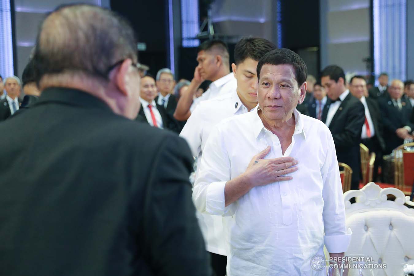 President Rodrigo Roa Duterte receives a warm welcome upon his arrival at The Manila Hotel for the 50th Founding Anniversary Celebration of Lex Talionis Fraternitas Inc. on September 25, 2019. ALFRED FRIAS/PRESIDENTIAL PHOTO