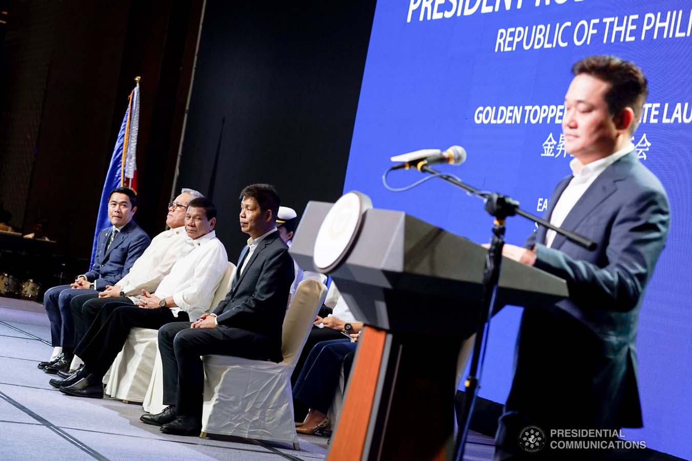 President Rodrigo Roa Duterte listens to the welcome remarks of Golden Topper Group Inc. Chairman Lam Kiu San during the Golden Topper Corporate Launch at the Aseana Business Park in Parañaque City on September 25, 2019. KING RODRIGUEZ/PRESIDENTIAL PHOTO