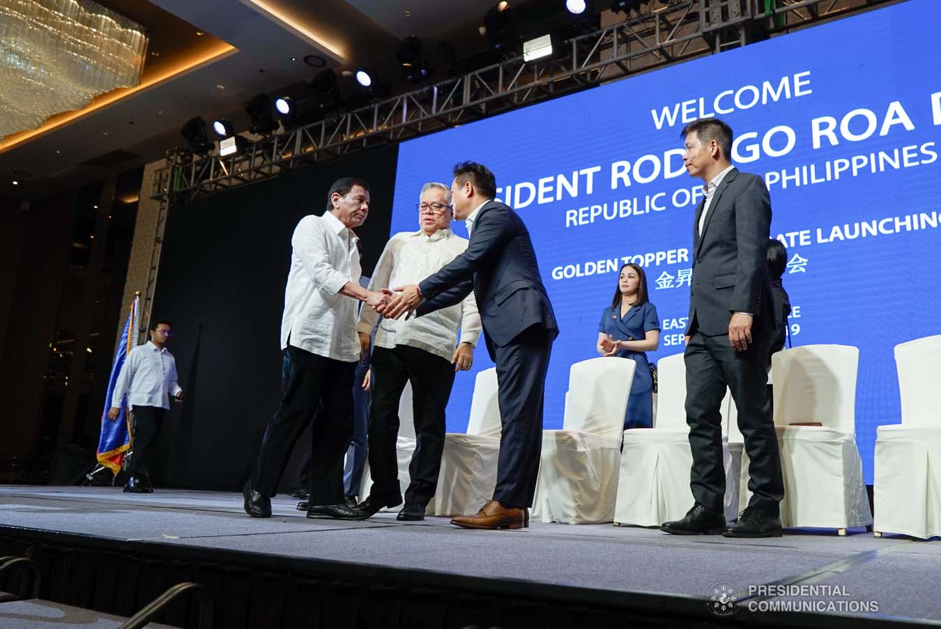 President Rodrigo Roa Duterte greets Golden Topper Group Inc. Chairman Lam Kiu San during the Golden Topper Corporate Launch at the Aseana Business Park in Parañaque City on September 25, 2019. KING RODRIGUEZ/PRESIDENTIAL PHOTO