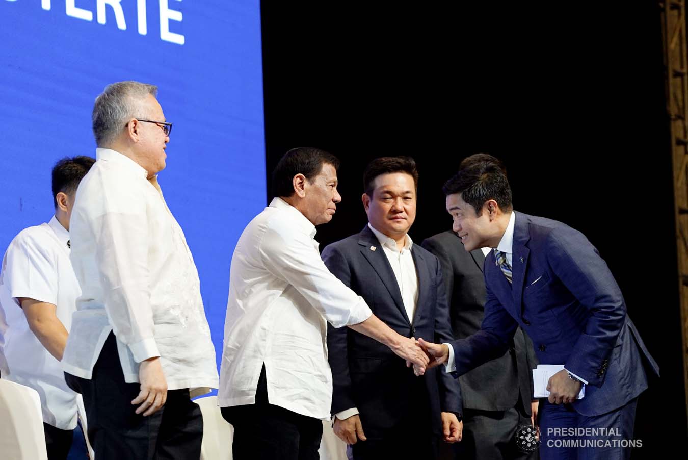 President Rodrigo Roa Duterte greets Golden Topper Group Inc. Philippines CEO Joseph Lombos during the Golden Topper Corporate Launch at the Aseana Business Park in Parañaque City on September 25, 2019. KING RODRIGUEZ/PRESIDENTIAL PHOTO