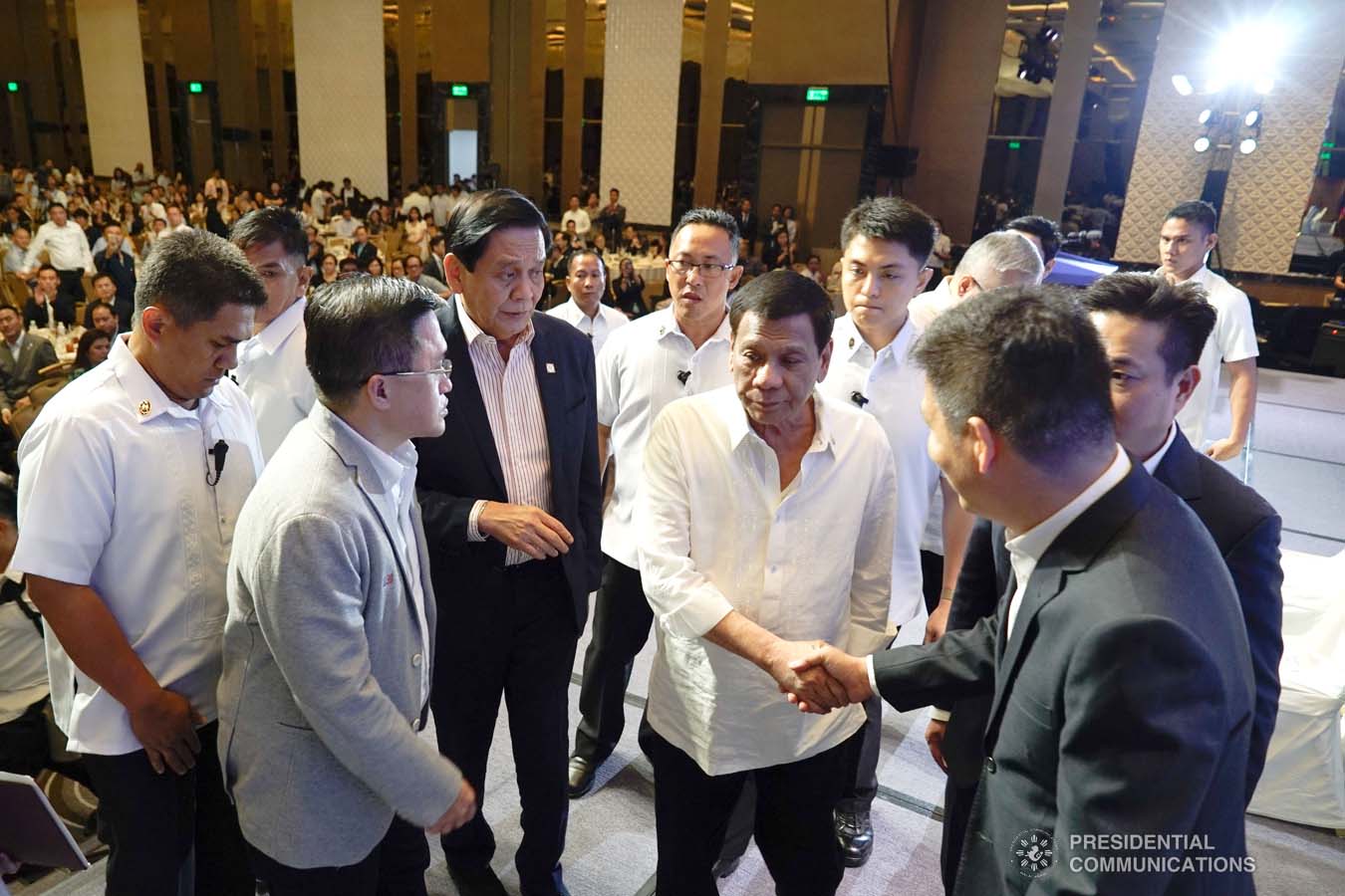 President Rodrigo Roa Duterte greets the guests during the Golden Topper Corporate Launch at the Aseana Business Park in Parañaque City on September 25, 2019. KING RODRIGUEZ/PRESIDENTIAL PHOTO