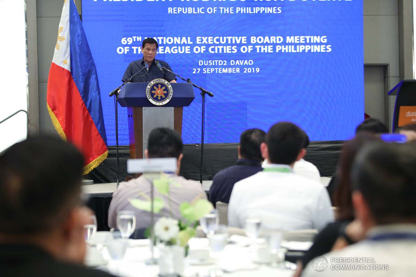 President Rodrigo Roa Duterte delivers his speech during the 69th National Executive Board Meeting of the League of Cities of the Philippines at the DusitD2 Davao Hotel in Davao City on September 27, 2019. ROBINSON NIÑAL JR./PRESIDENTIAL PHOTO
