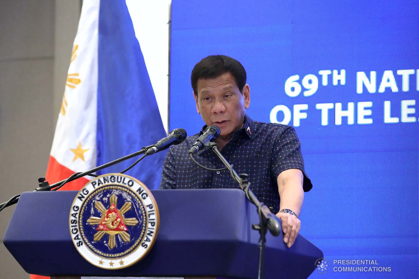President Rodrigo Roa Duterte delivers his speech during the 69th National Executive Board Meeting of the League of Cities of the Philippines at the DusitD2 Davao Hotel in Davao City on September 27, 2019. ROBINSON NIÑAL JR./PRESIDENTIAL PHOTO