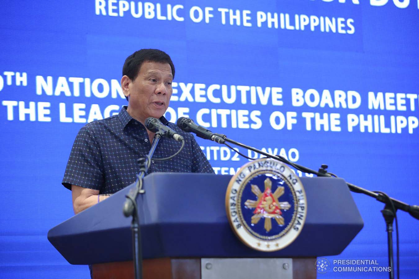 President Rodrigo Roa Duterte delivers his speech during the 69th National Executive Board Meeting of the League of Cities of the Philippines at the DusitD2 Davao Hotel in Davao City on September 27, 2019. ROBINSON NIÑAL JR./PRESIDENTIAL PHOTO