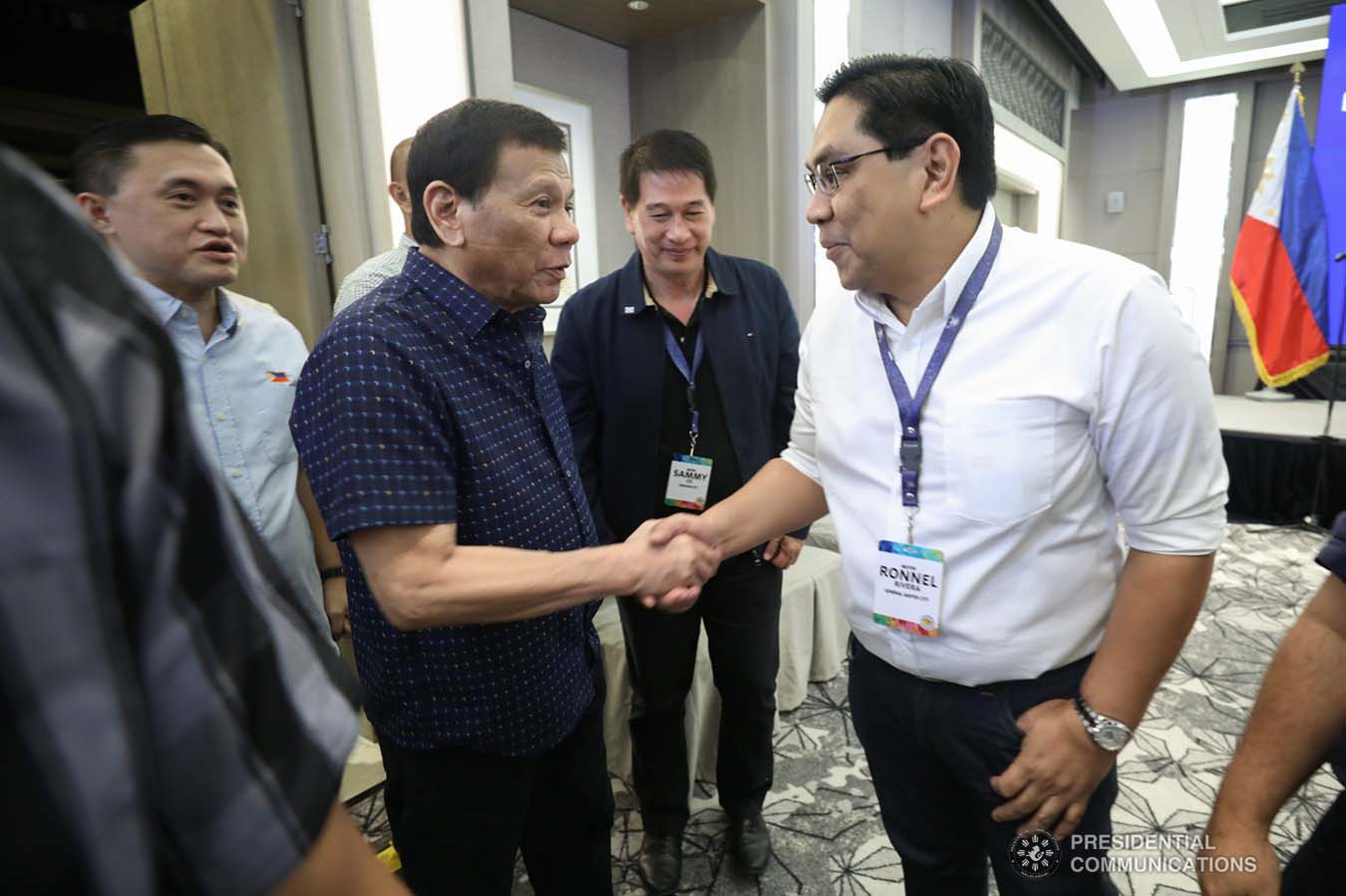 President Rodrigo Roa Duterte greets one of the guests during the 69th National Executive Board Meeting of the League of Cities of the Philippines at the DusitD2 Davao Hotel in Davao City on September 27, 2019. SIMEON CELI JR./PRESIDENTIAL PHOTO