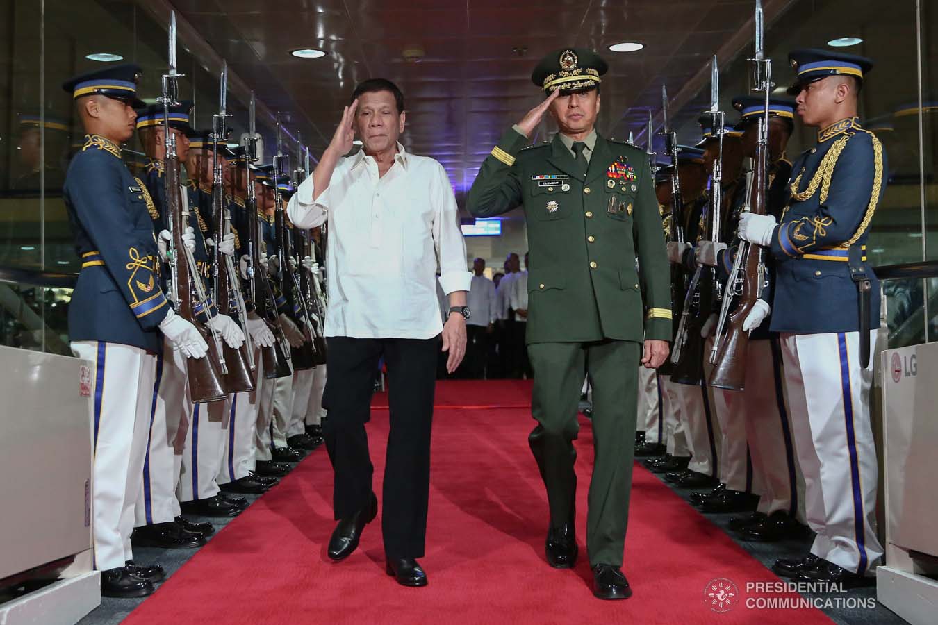 President Rodrigo Roa Duterte is accorded foyer honors prior to his departure at the Ninoy Aquino International Airport in Pasay City on October 01, 2019 for his official visit to the Russian Federation. Accompanying the President is Armed Forces of the Philippines Chief of Staff General Noel Clement. REY BANIQUET/PRESIDENTIAL PHOTO