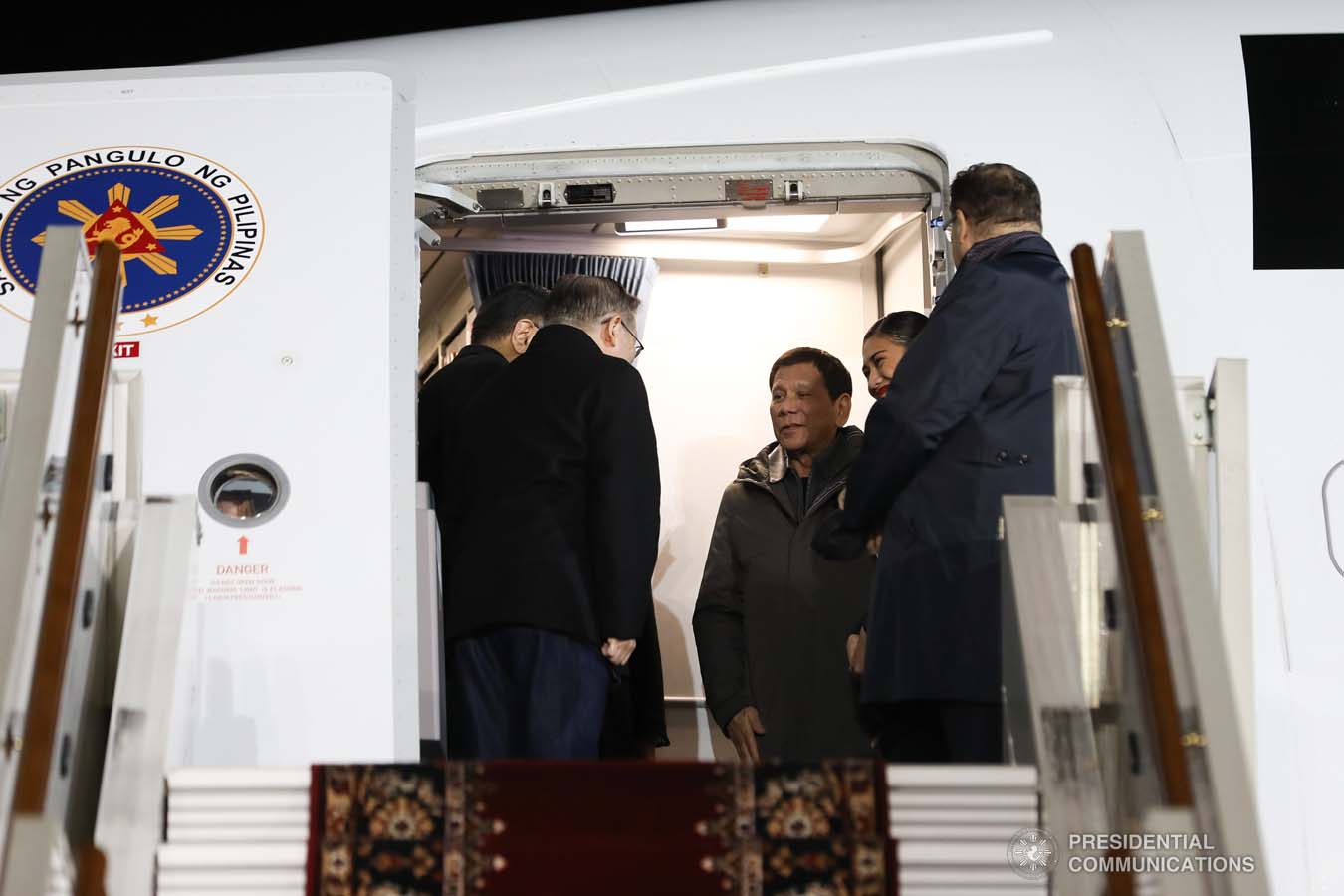 President Rodrigo Roa Duterte prepares to disembark from a plane upon his arrival at the Vnukovo Military Base Airport in Moscow, Russian Federation on October 2, 2019. ALFRED FRIAS/PRESIDENTIAL PHOTO