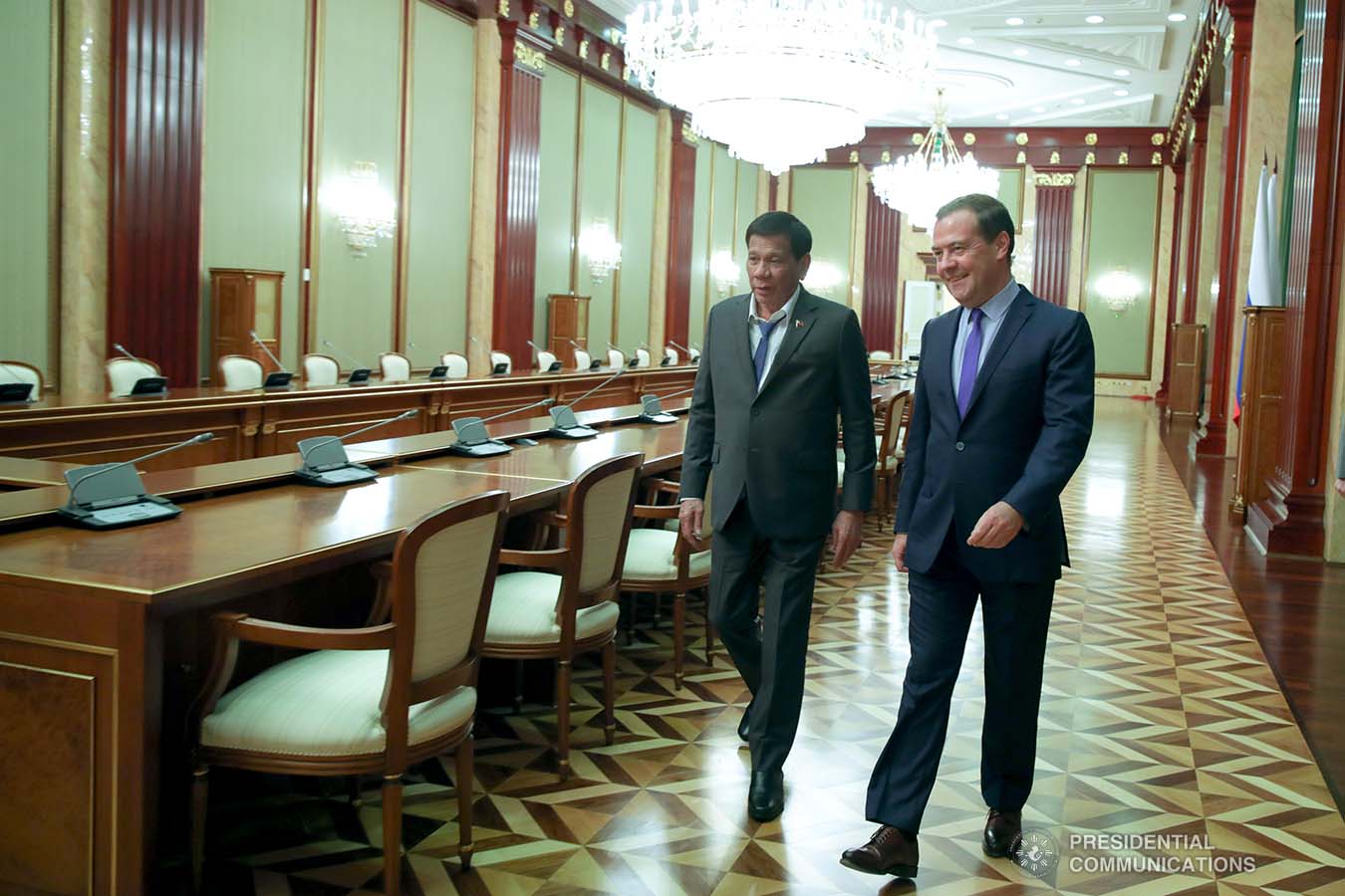President Rodrigo Roa Duterte is accompanied by Prime Minister Dmitry Medvedev prior to the start of their bilateral meeting at the Prime Minister's Office in Moscow on October 2, 2019. ROBINSON NIÑAL JR./PRESIDENTIAL PHOTO