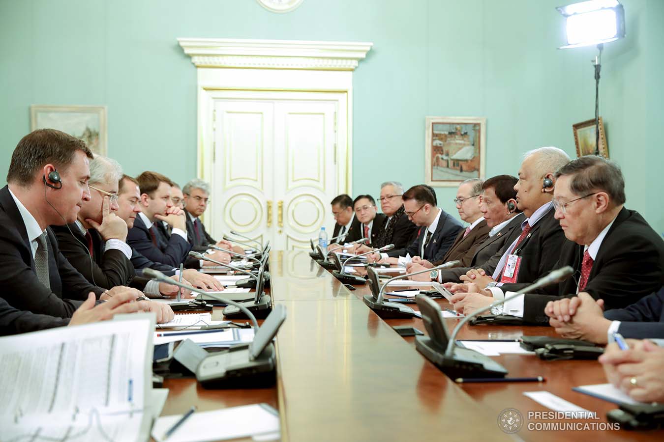 President Rodrigo Roa Duterte and the members of his delegation hold a bilateral meeting with Russian Prime Minister Dmitry Medvedev and other Russian officials at the Prime Minister's Office in Moscow on October 2, 2019. ROBINSON NIÑAL JR./PRESIDENTIAL PHOTO