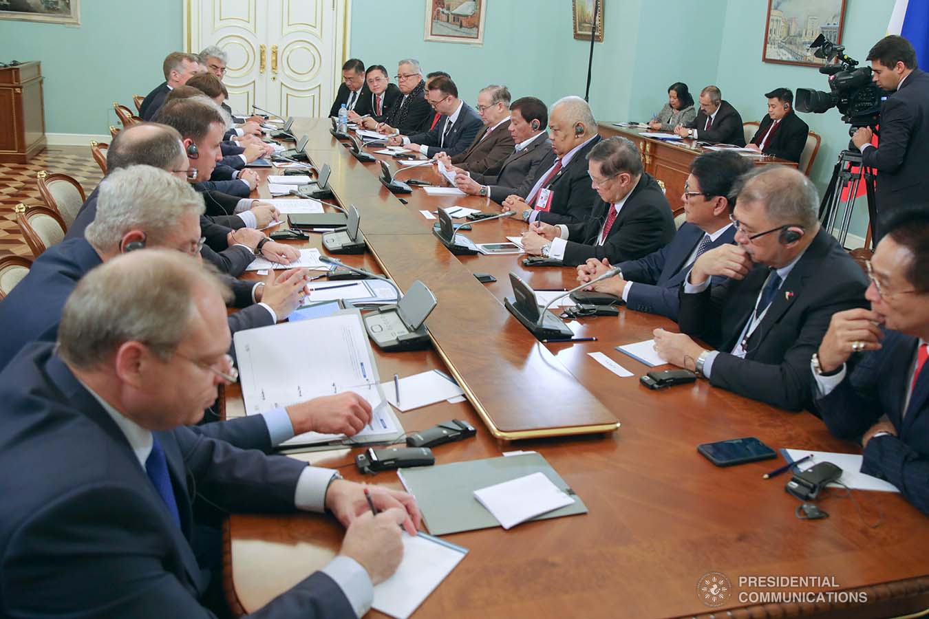 President Rodrigo Roa Duterte and the members of his delegation hold a bilateral meeting with Russian Prime Minister Dmitry Medvedev and other Russian officials at the Prime Minister's Office in Moscow on October 2, 2019. ROBINSON NIÑAL JR./PRESIDENTIAL PHOTO