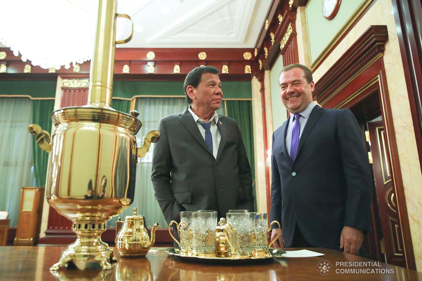 President Rodrigo Roa Duterte receives a token from Russian Prime Minister Dmitry Medvedev following their successful bilateral meeting at the Prime Minister's Office in Moscow on October 2, 2019. ROBINSON NIÑAL JR./PRESIDENTIAL PHOTO