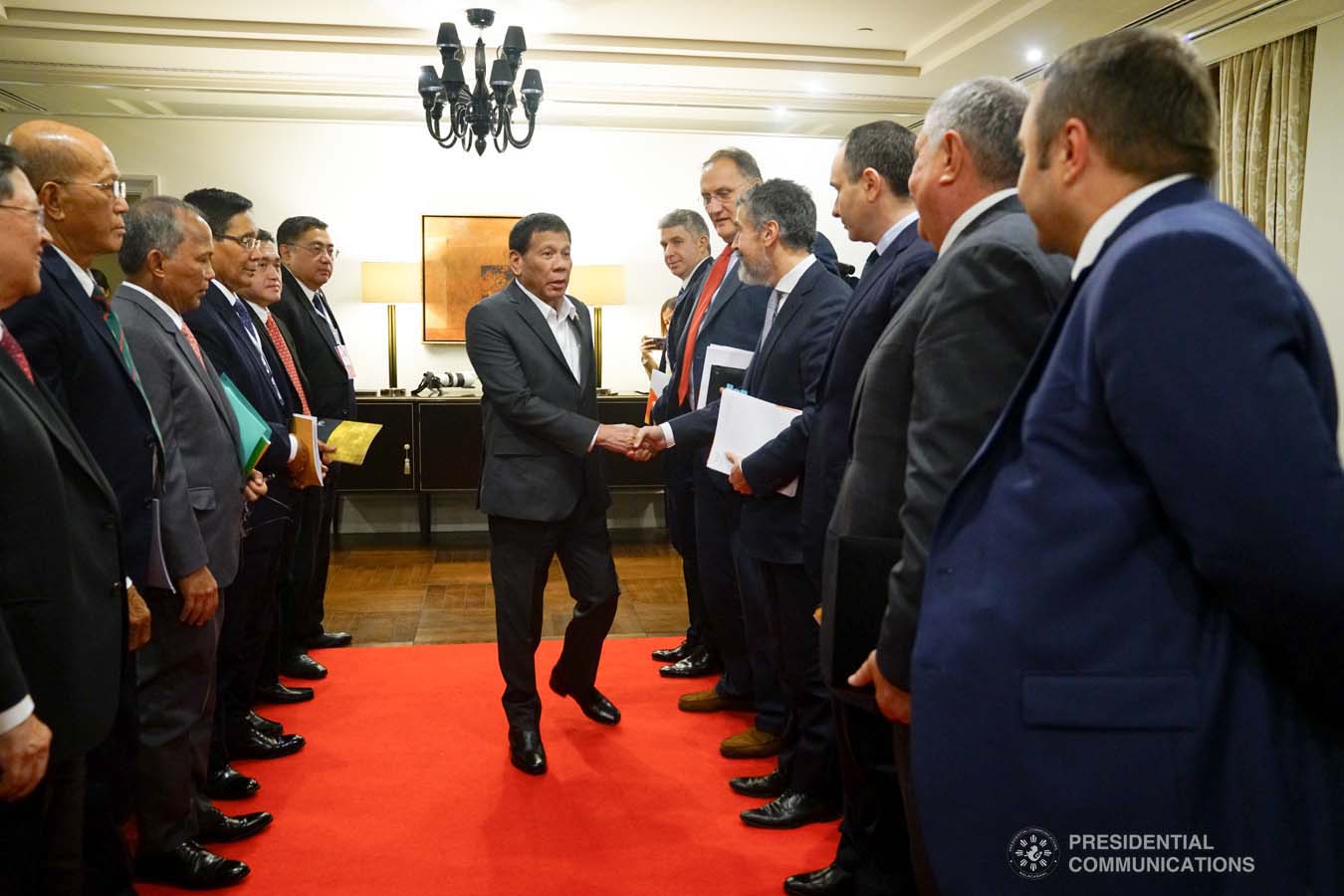 President Rodrigo Roa Duterte greets the officials of Rosneft Oil Co. led by its CEO Igor Sechin, who paid a courtesy call on the President at the Four Seasons Hotel in Moscow, Russia on October 2, 2019. JOEY DALUMPINES/PRESIDENTIAL PHOTO