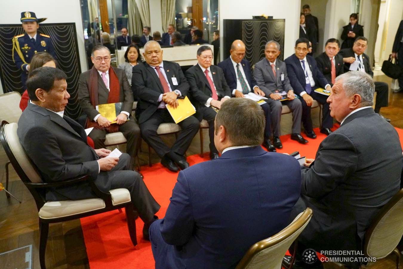 President Rodrigo Roa Duterte discusses matters with the officials of Rosneft Oil Co. led by its CEO Igor Sechin who paid a courtesy call on the President at the Four Seasons Hotel in Moscow, Russia on October 2, 2019. JOEY DALUMPINES/PRESIDENTIAL PHOTO