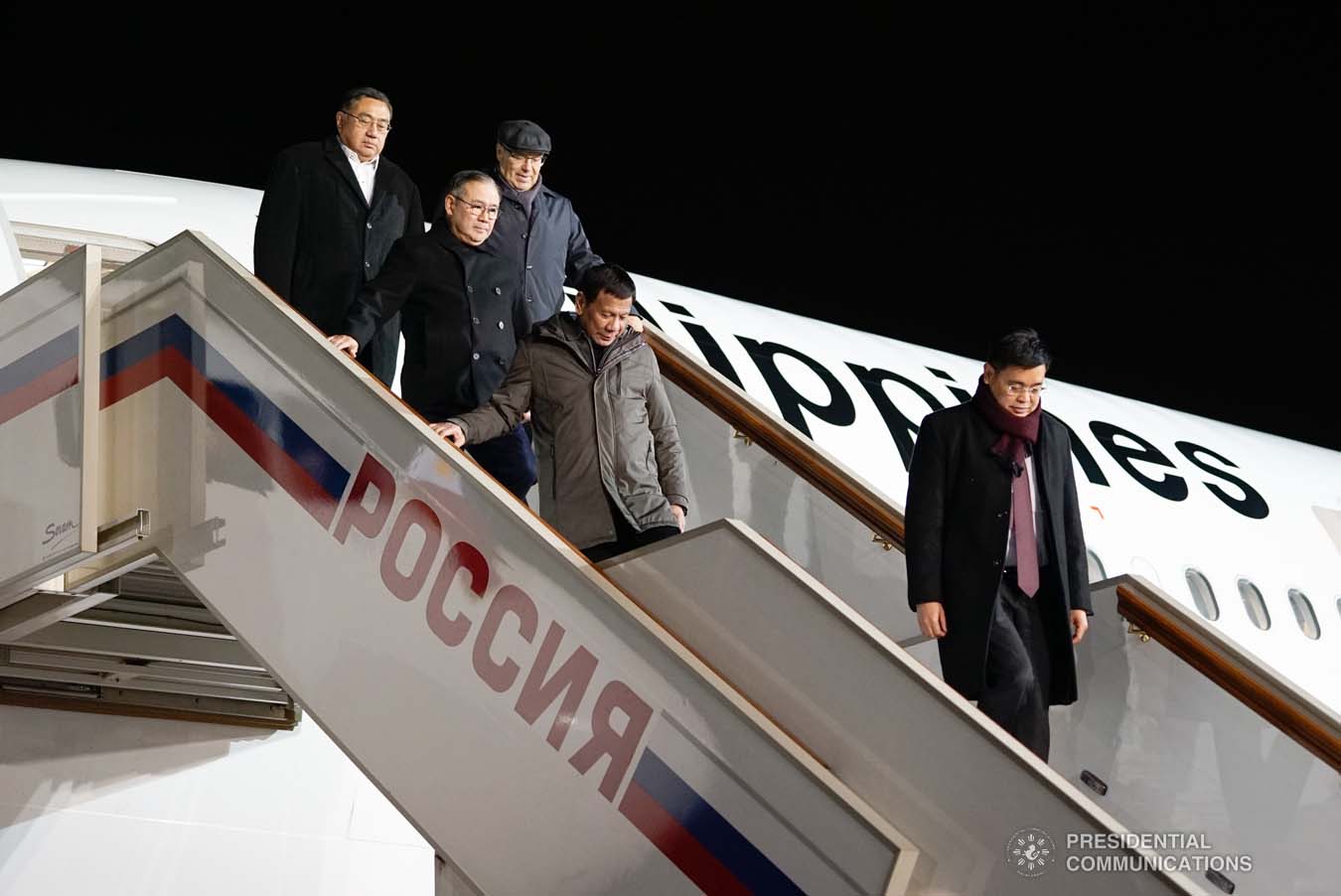 President Rodrigo Roa Duterte disembarks from a plane upon his arrival at the Vnukovo Military Base Airport in Moscow, Russian Federation on October 2, 2019. KING RODRIGUEZ/PRESIDENTIAL PHOTO