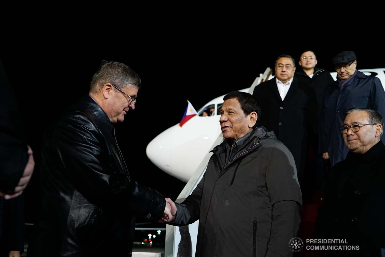 President Rodrigo Roa Duterte receives a warm welcome from the members of the reception party upon his arrival at the Vnukovo Military Base Airport in Moscow, Russian Federation on October 2, 2019. KING RODRIGUEZ/PRESIDENTIAL PHOTO