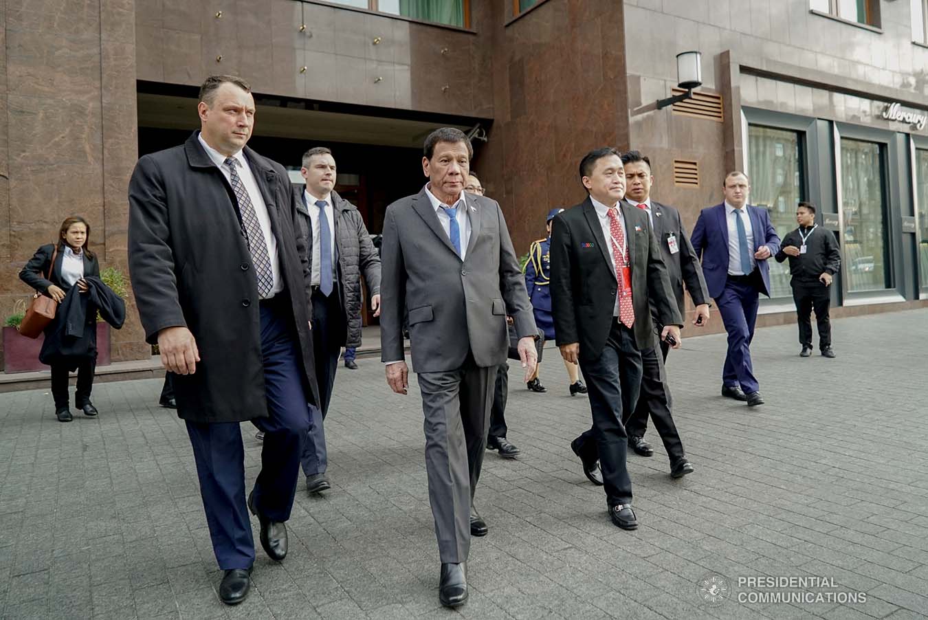 President Rodrigo Roa Duterte arrives at a hotel in Moscow, Russia following his successful bilateral meeting with Russian Prime Minister Dmitry Medvedev on October 2, 2019. With the President is Senator Christopher "Bong" Go. KING RODRIGUEZ/PRESIDENTIAL PHOTO
