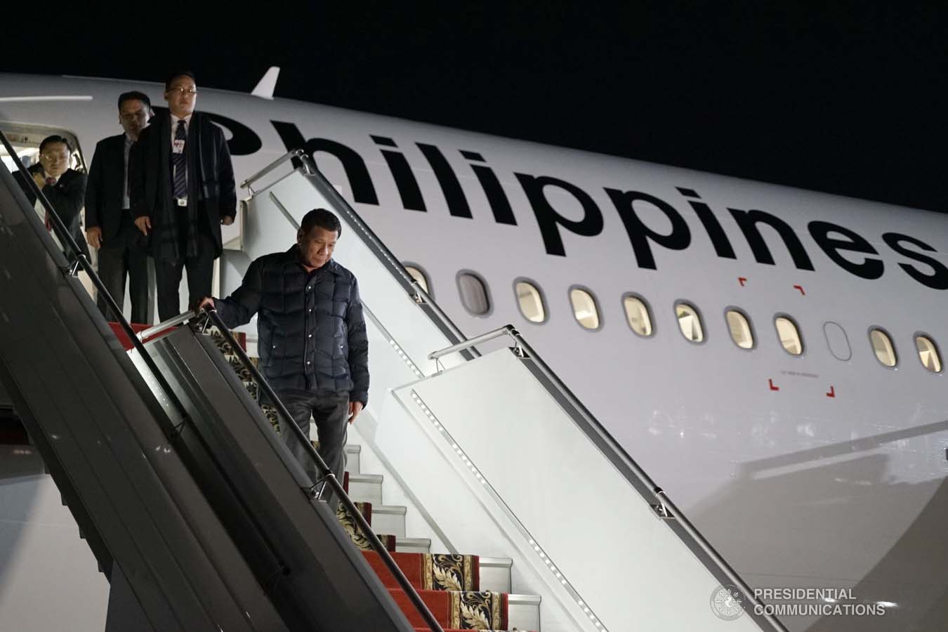 President Rodrigo Roa Duterte alights from a plane upon his arrival at the Sochi International Airport in Russia on October 2, 2019. KING RODRIGUEZ/PRESIDENTIAL PHOTO
