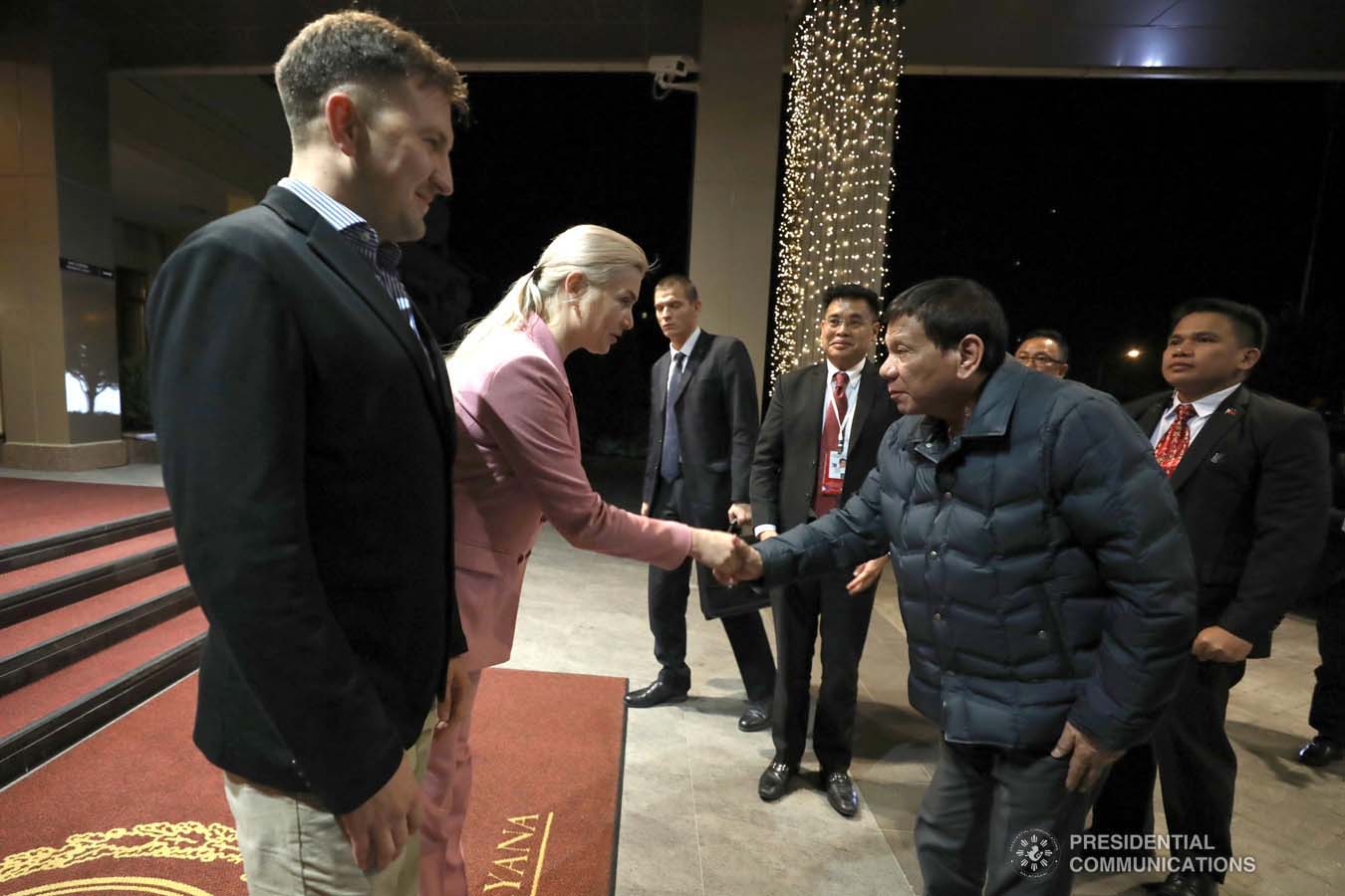 President Rodrigo Roa Duterte is greeted by the officers of a hotel upon his arrival in Sochi, Russia on October 2, 2019. RICHARD MADELO/PRESIDENTIAL PHOTO